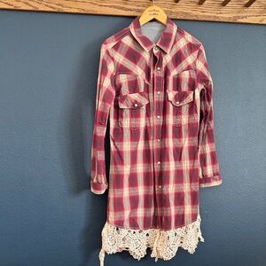 Plaid Button-Up Dress with Lace Hem